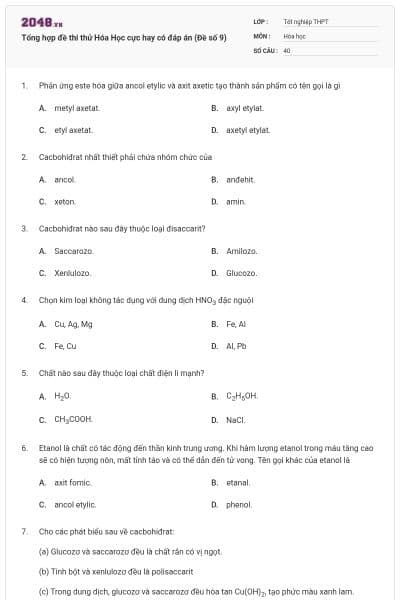 Tổng hợp đề thi thử Hóa Học cực hay có đáp án (Đề số 9)