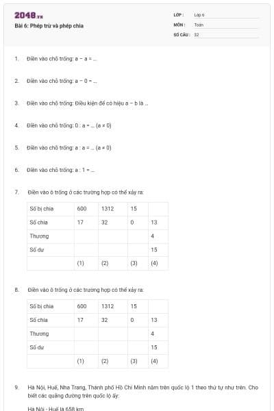 Bài 6: Phép trừ và phép chia