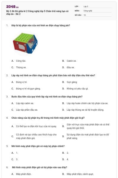 Bộ 2 đề thi giữa kì 2 Công nghệ lớp 5 Chân trời sáng tạo có đáp án - Đề 2