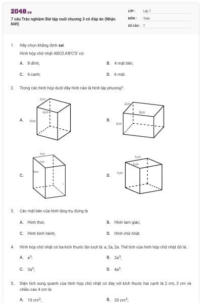 7 câu Trắc nghiệm Bài tập cuối chương 3 có đáp án (Nhận biết)