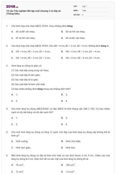 10 câu Trắc nghiệm Bài tập cuối chương 3 có đáp án (Thông hiểu)