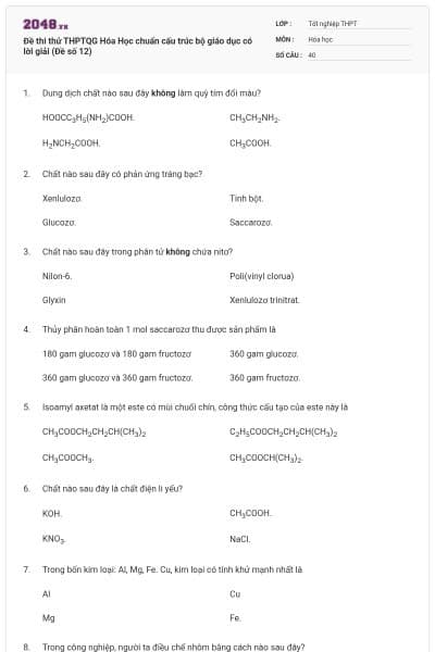 Đề thi thử THPTQG Hóa Học chuẩn cấu trúc bộ giáo dục có lời giải (Đề số 12)