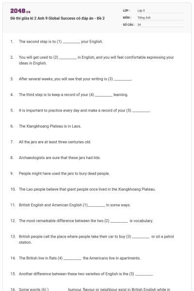 Đề thi giữa kì 2 Anh 9 Global Success có đáp án - Đề 2