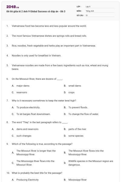 Đề thi giữa kì 2 Anh 9 Global Success có đáp án - Đề 3