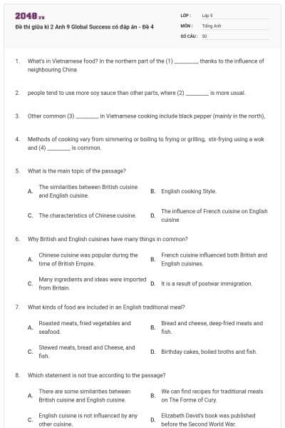 Đề thi giữa kì 2 Anh 9 Global Success có đáp án - Đề 4