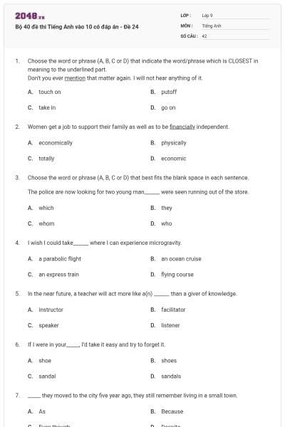 Bộ 40 đề thi Tiếng Anh vào 10 có đáp án - Đề 24