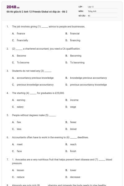 Đề thi giữa kì 2 Anh 12 Friends Global  có đáp án - Đề 2