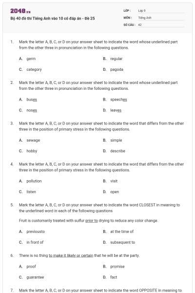Bộ 40 đề thi Tiếng Anh vào 10 có đáp án - Đề 25