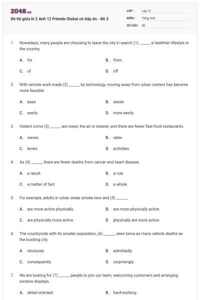 Đề thi giữa kì 2 Anh 12 Friends Global  có đáp án - Đề 3