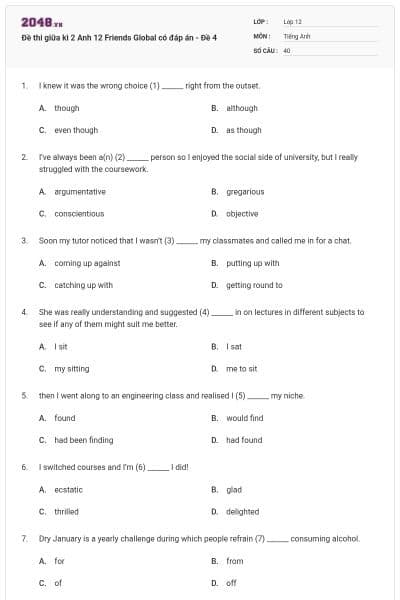 Đề thi giữa kì 2 Anh 12 Friends Global  có đáp án - Đề 4