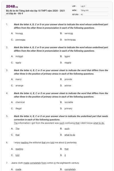 Bộ đề ôn thi Tiếng Anh vào lớp 10 THPT năm 2020 - 2021 có đáp án - Đề 4