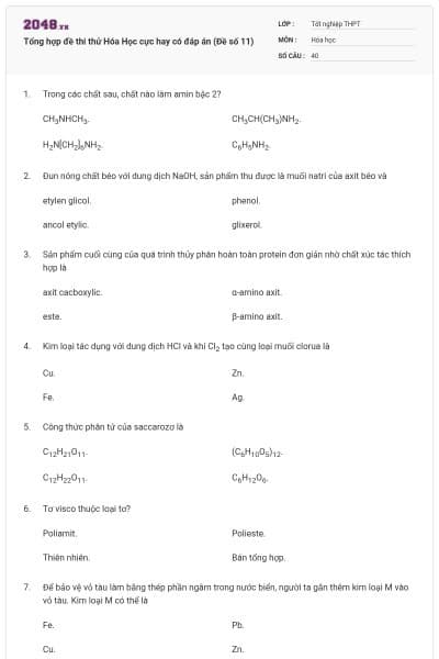 Tổng hợp đề thi thử Hóa Học cực hay có đáp án (Đề số 11)