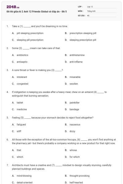 Đề thi giữa kì 2 Anh 12 Friends Global  có đáp án - Đề 5