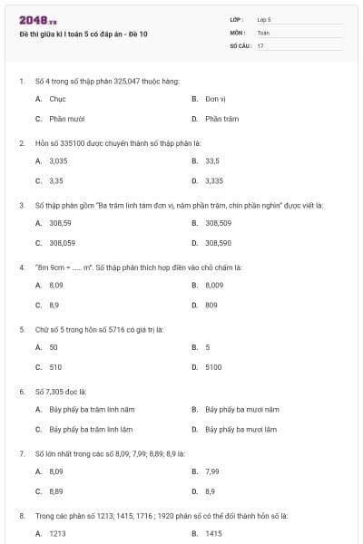 Đề thi giữa kì I toán 5 có đáp án - Đề 10