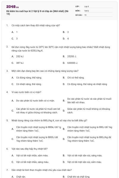Đề kiểm tra cuối học kì 2 Vật lý 8 có đáp án (Mới nhất) (Đề 19)