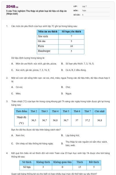 5 câu Trắc nghiệm Thu thập và phân loại dữ liệu có đáp án (Nhận biết)