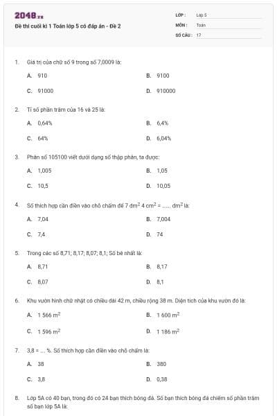 Đề thi cuối kì 1 Toán lớp 5 có đáp án - Đề 2