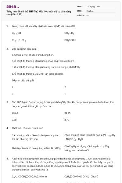 Tổng hợp đề thi thử THPTQG Hóa học mức độ cơ bản nâng cao (đề số 10)