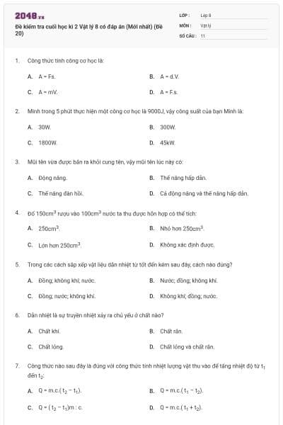 Đề kiểm tra cuối học kì 2 Vật lý 8 có đáp án (Mới nhất) (Đề 20)