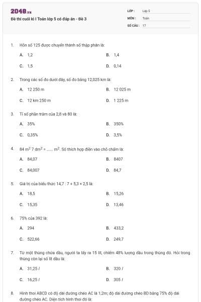Đề thi cuối kì I Toán lớp 5 có đáp án - Đề 3