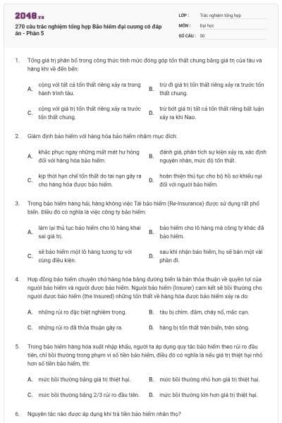 270 câu trắc nghiệm tổng hợp Bảo hiểm đại cương có đáp án - Phần 5