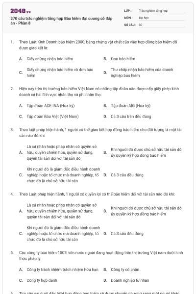 270 câu trắc nghiệm tổng hợp Bảo hiểm đại cương có đáp án - Phần 8