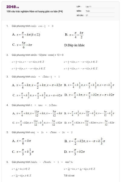 100 câu trắc nghiệm Hàm số lượng giác cơ bản (P4)