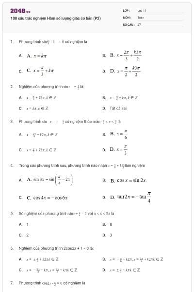 100 câu trắc nghiệm Hàm số lượng giác cơ bản (P2)