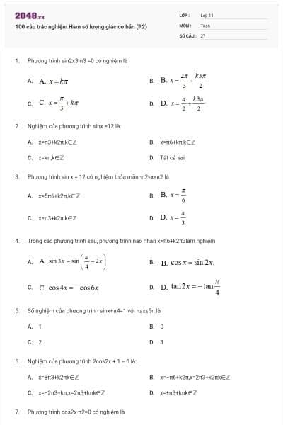 100 câu trắc nghiệm Hàm số lượng giác cơ bản (P2)