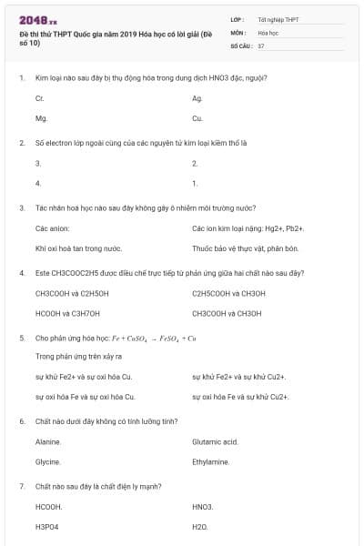 Đề thi thử THPT Quốc gia năm 2019 Hóa học có lời giải (Đề số 10)