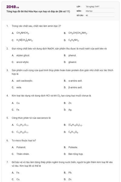 Tổng hợp đề thi thử Hóa Học cực hay có đáp án (Đề số 11)