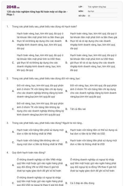 120 câu trắc nghiệm tổng hợp Kế toán máy có đáp án - Phần 1