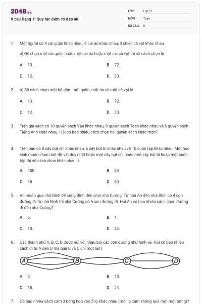 8 câu Dạng 1: Quy tắc đếm có đáp án