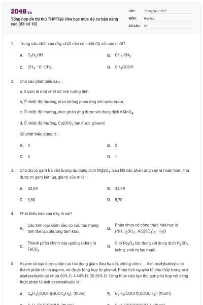 Tổng hợp đề thi thử THPTQG Hóa học mức độ cơ bản nâng cao (đề số 10)