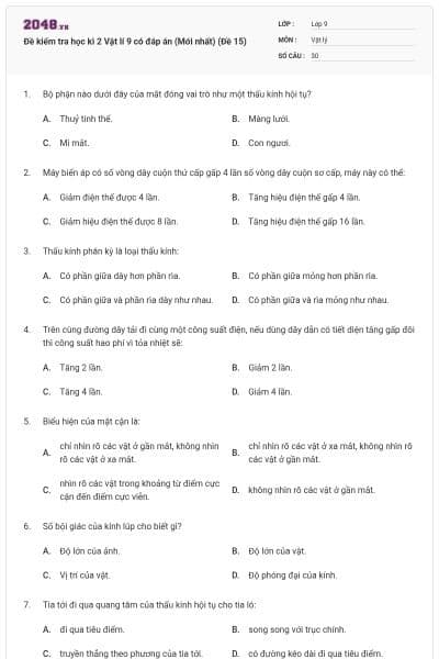 Đề kiểm tra học kì 2 Vật lí 9 có đáp án (Mới nhất) (Đề 15)