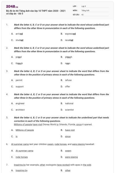 Bộ đề ôn thi Tiếng Anh vào lớp 10 THPT năm 2020 - 2021 có đáp án - Đề 5