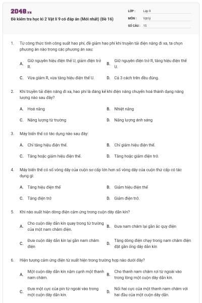 Đề kiểm tra học kì 2 Vật lí 9 có đáp án (Mới nhất) (Đề 16)