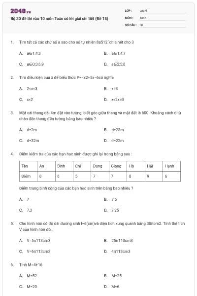 Bộ 30 đề thi vào 10 môn Toán có lời giải chi tiết (Đề 18)