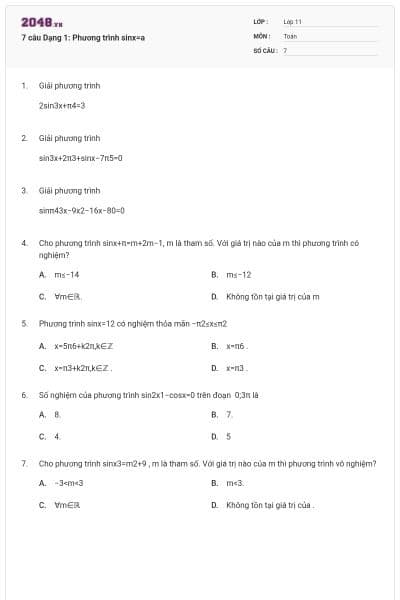 7 câu Dạng 1: Phương trình sinx=a