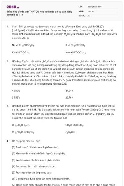 Tổng hợp đề thi thử THPTQG Hóa học mức độ cơ bản nâng cao (đề số 11)