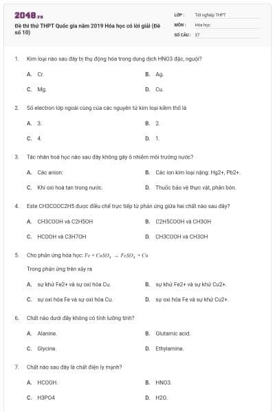Đề thi thử THPT Quốc gia năm 2019 Hóa học có lời giải (Đề số 10)
