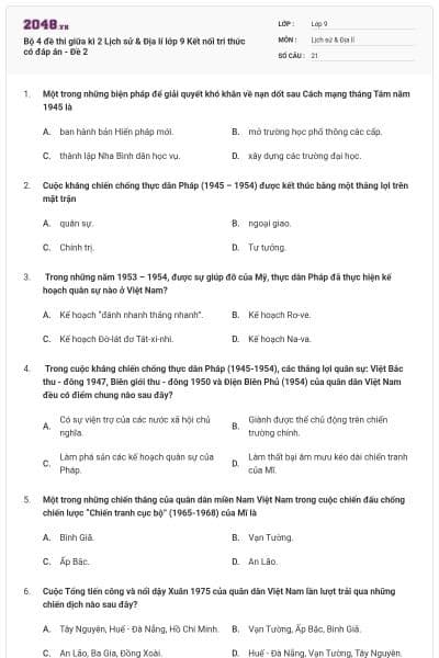 Bộ 4 đề thi giữa kì 2 Lịch sử & Địa lí lớp 9 Kết nối tri thức có đáp án - Đề 2