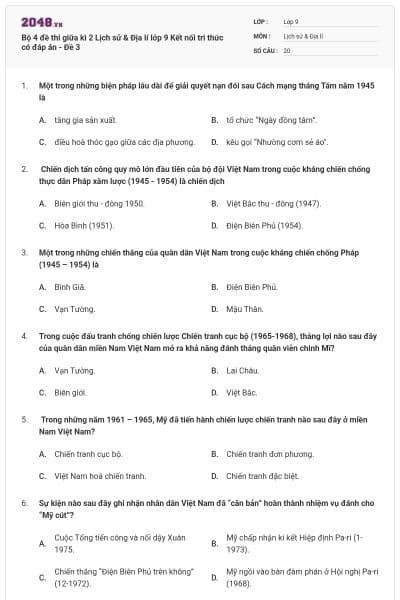 Bộ 4 đề thi giữa kì 2 Lịch sử & Địa lí lớp 9 Kết nối tri thức có đáp án - Đề 3