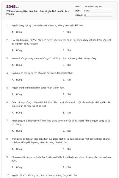 200 câu trắc nghiệm Luật hôn nhân và gia đình có đáp án - Phần 6