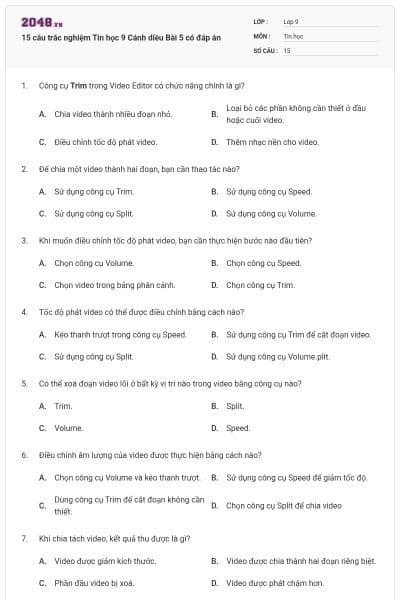 15 câu trắc nghiệm Tin học 9 Cánh diều Bài 5 có đáp án