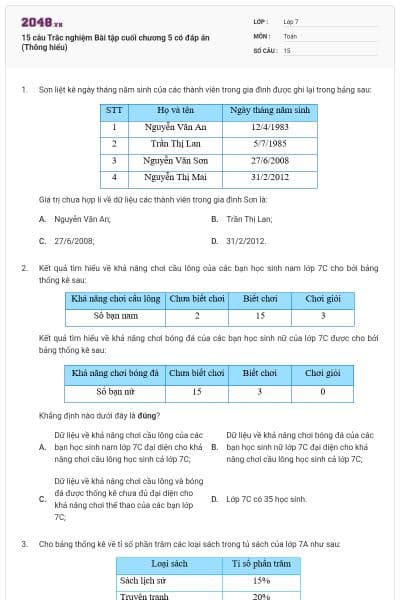 15 câu Trắc nghiệm Bài tập cuối chương 5 có đáp án (Thông hiểu)
