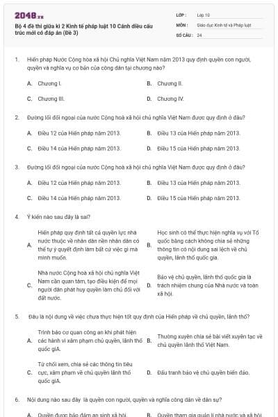 Bộ 4 đề thi giữa kì 2 Kinh tế pháp luật 10 Cánh diều cấu trúc mới có đáp án (Đề 3)