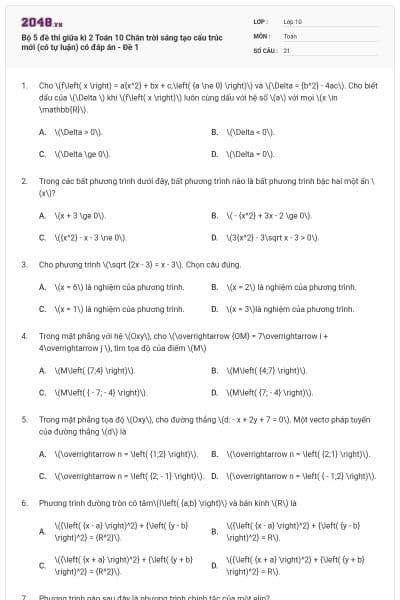 Bộ 5 đề thi giữa kì 2 Toán 10 Chân trời sáng tạo cấu trúc mới (có tự luận) có đáp án - Đề 1