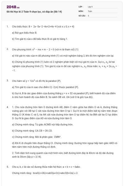 Đề thi Học kì 2 Toán 9 chọn lọc, có đáp án (Đề 14)