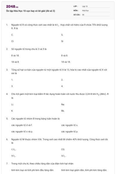 Ôn tập Hóa Học 10 cực hay có lời giải (đề số 3)